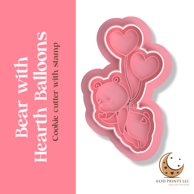 Bear with Heart Balloons cookie cutter with stamp