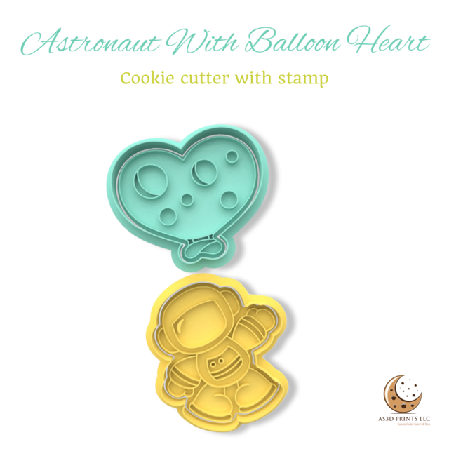 Astronaut with Balloon Heart Set cookie cutter with stamp