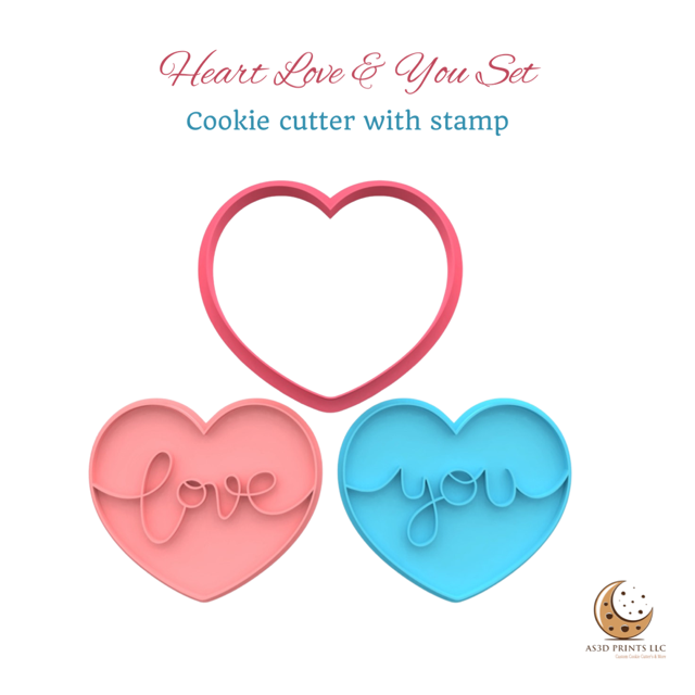 Heart You & Love cookie cutter with stamp