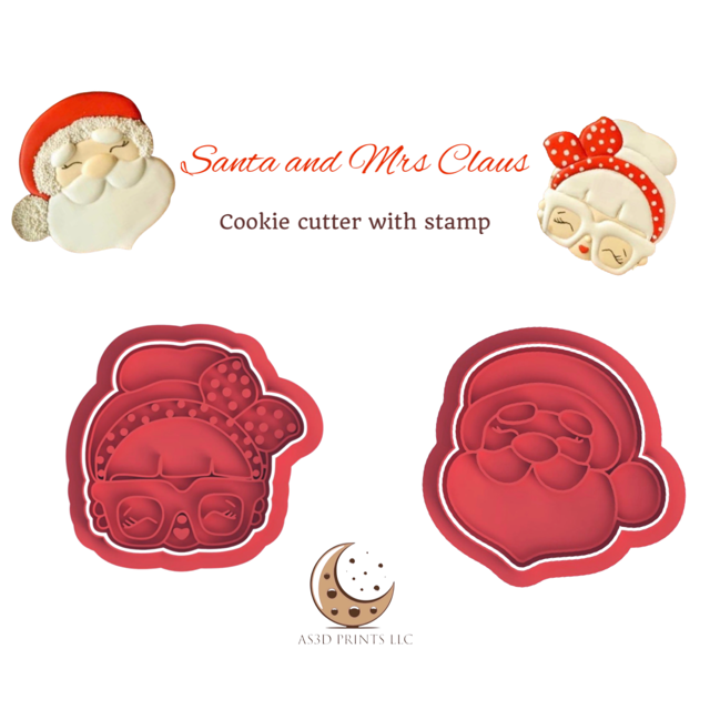 Santa and Mrs Claus cookie cutter with stamp