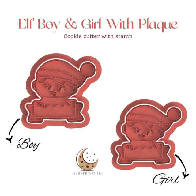 Elf boy & girl cookie cutter with stamp