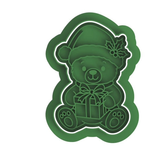 Bear with Present cookie cutter with stamp
