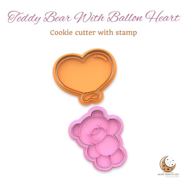 Teddy Bear with Balloon Heart Set cookie cutter with stamp