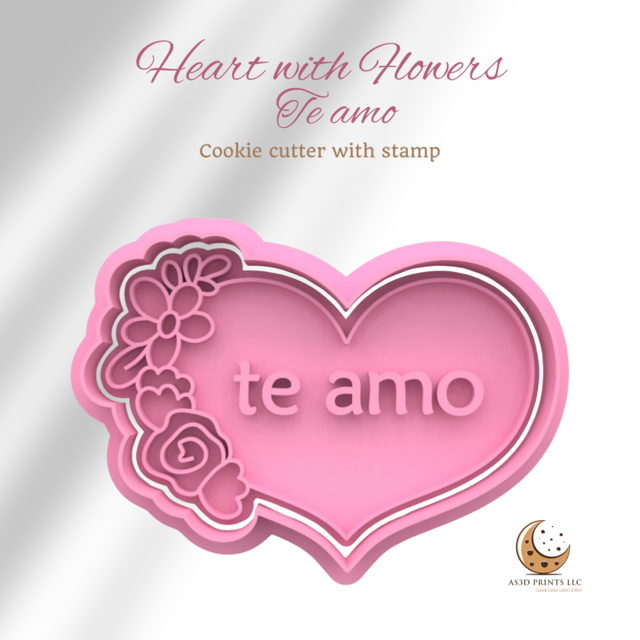 Heart with Flowers, Te Amo cookie cutter with stamp