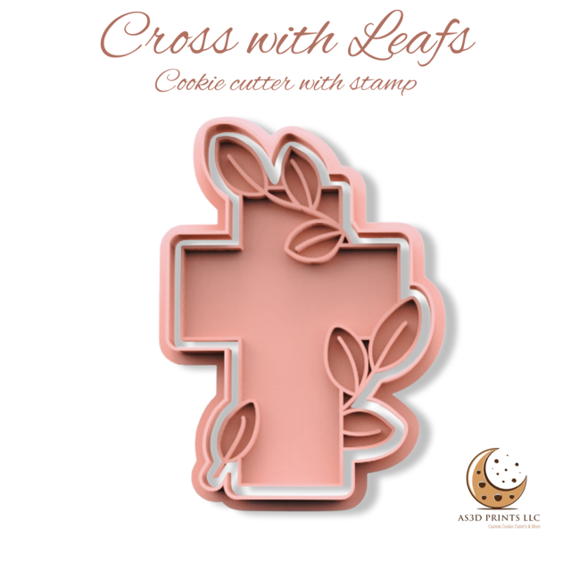 Cross with Leafs cookie cutter with stamp