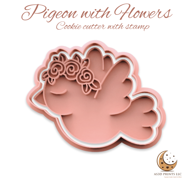 Pigeon with Flowers cookie cutter with stamp