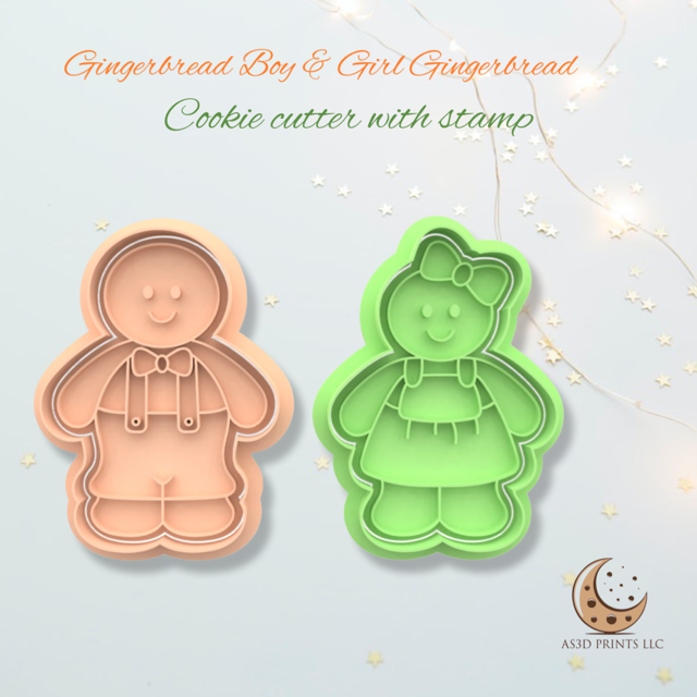 Gingerbread Boy & Gingerbread Girl cookie cutter with stamp