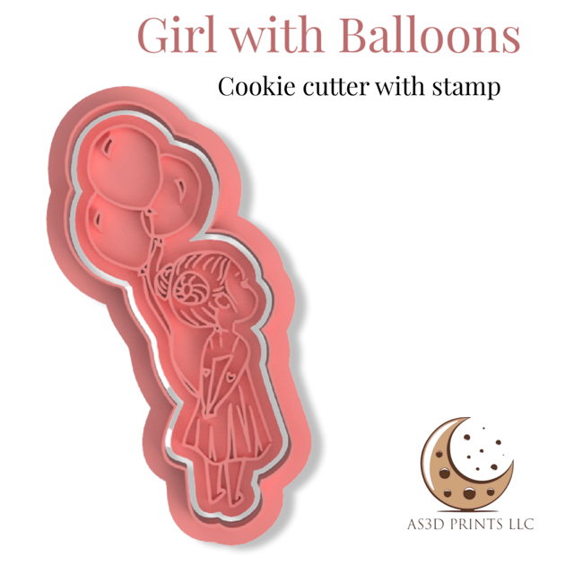 Girl with Balloons cookie cutter with stamp