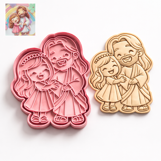Jesus hug girl cupcake cookie cutter with stamp