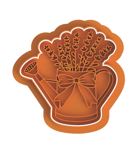 Watering can with flowers and bow cookie cutter with stamp